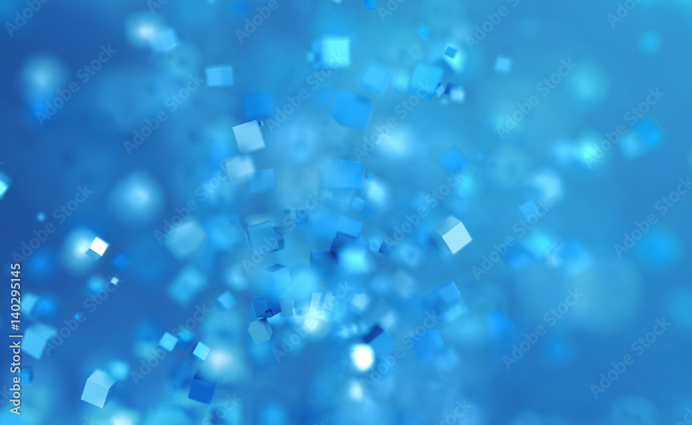 Abstract 3d rendering of chaotic cubes. Flying shapes in empty space. Dynamic background with bokeh, depth of field effect. Design for poster, banner, placard.