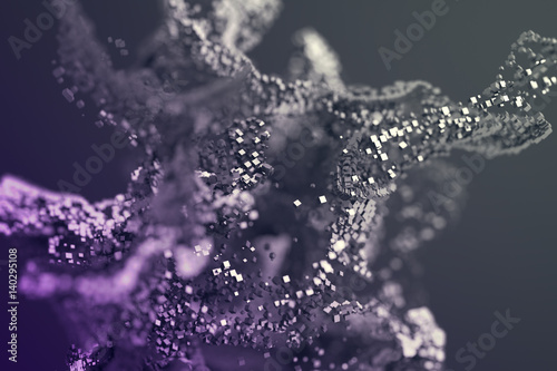 Abstract 3d rendering of chaotic particles. Flying cubes in empty space. Dynamic shape. Futuristic background with bokeh, depth of field effect. Design for poster, banner, placard.