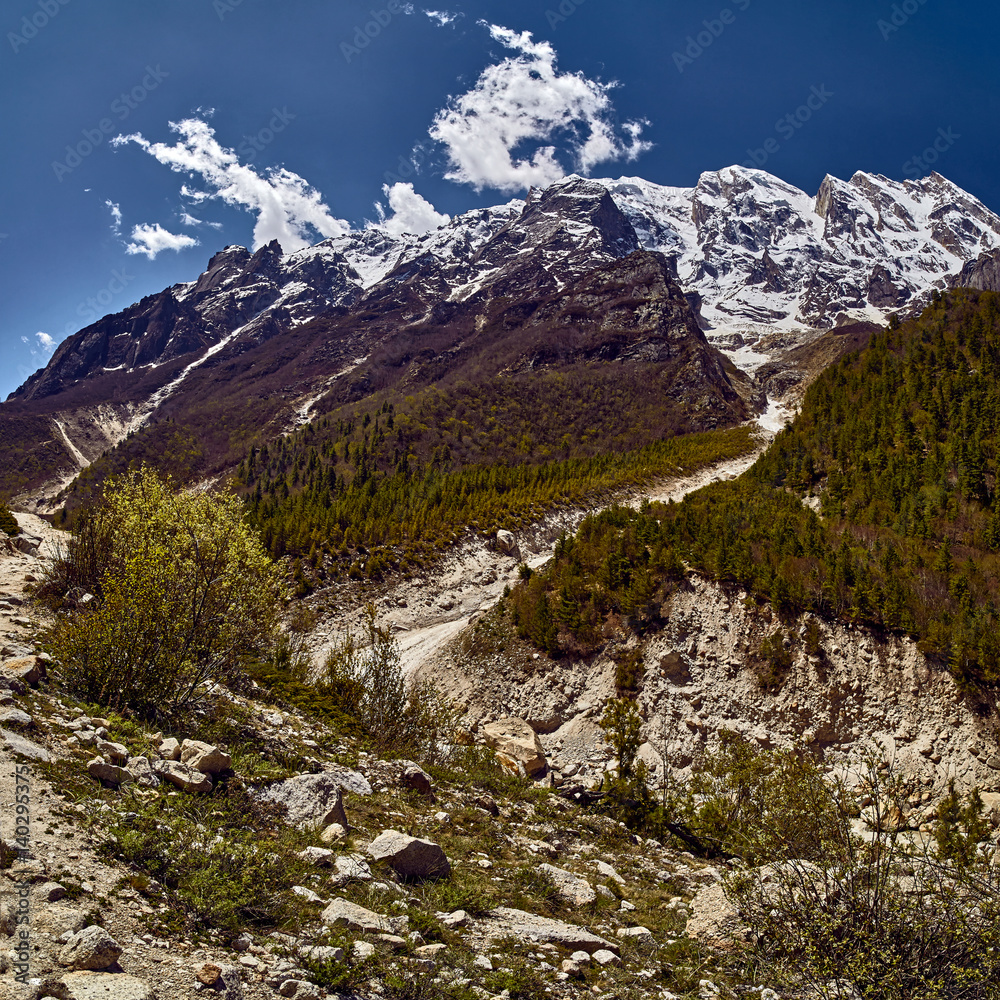 Himalayas mountain landscape. Panoramic view of Himalaya peaks. Gangotri, India.