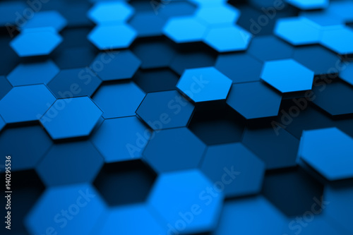 Abstract 3d rendering of futuristic surface with hexagons. Contemporary sci-fi background with bokeh effect. Poster design.