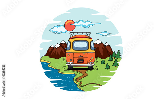 Ready for adventures retro camper bus vector illustration.