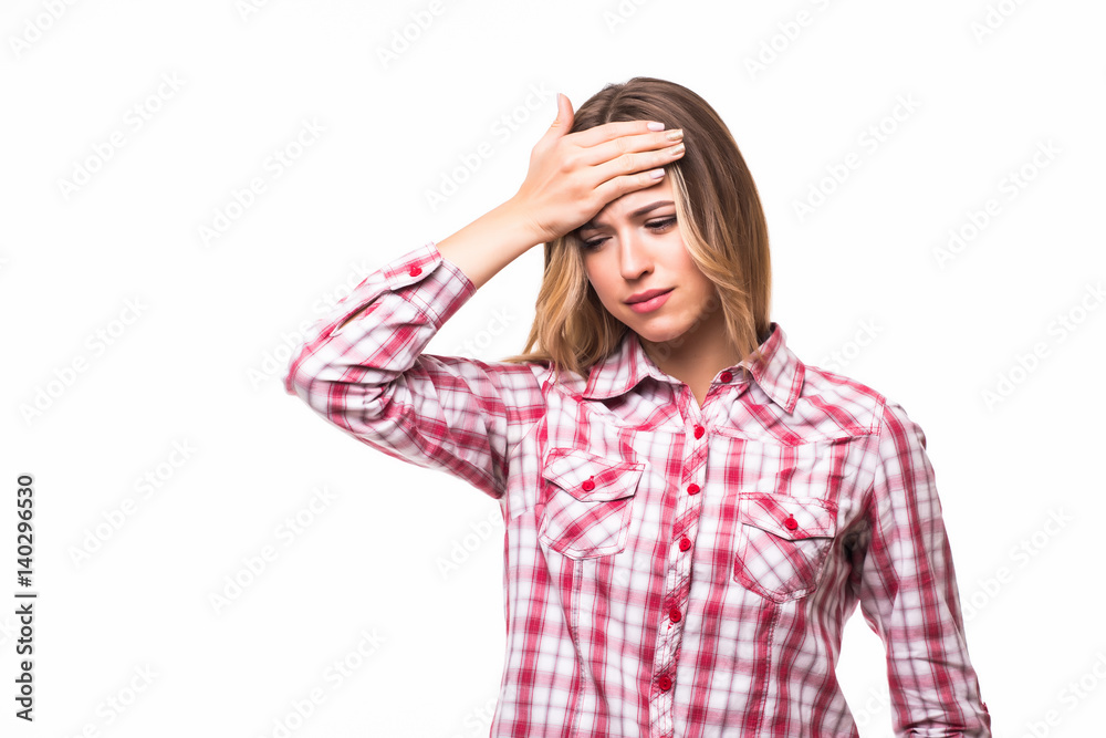 Portrait Frustrated girl with head ache over isolated white background Portrait Frustrated girl with head ache over isolated white background