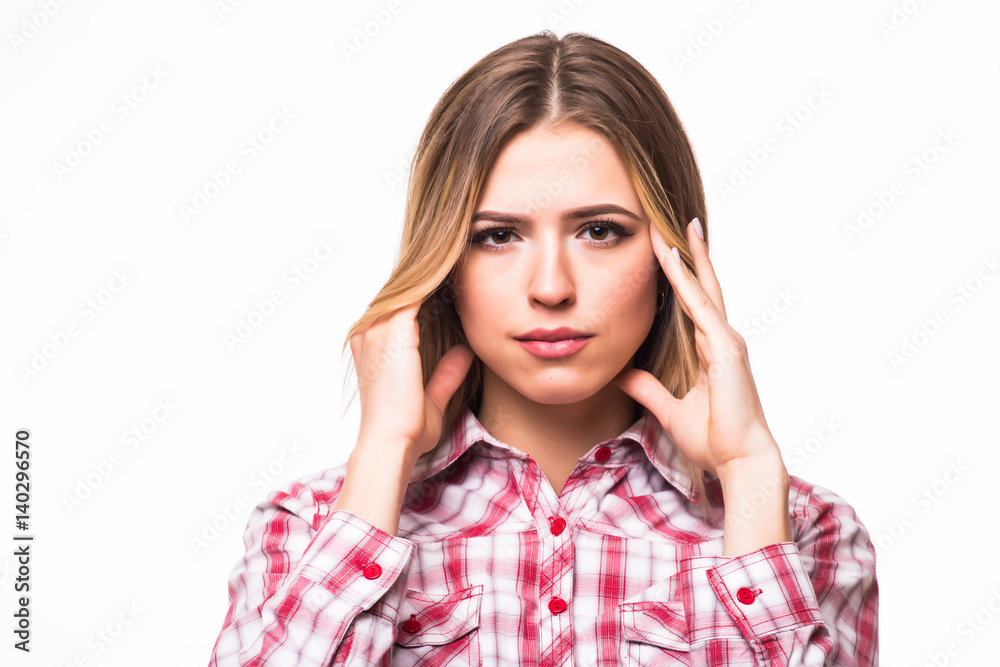 Portrait Frustrated girl with head ache over isolated white background Portrait Frustrated girl with head ache over isolated white background