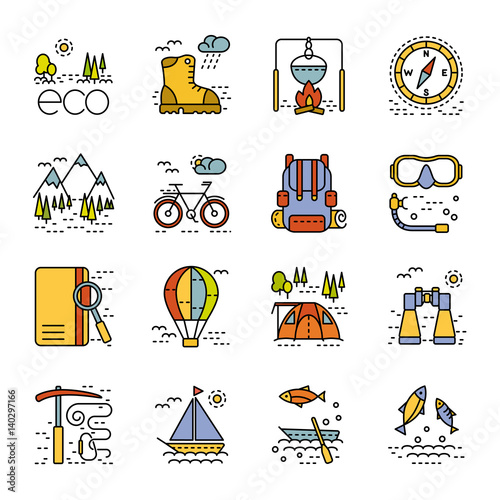 Eco tourism icons set isolated on white background