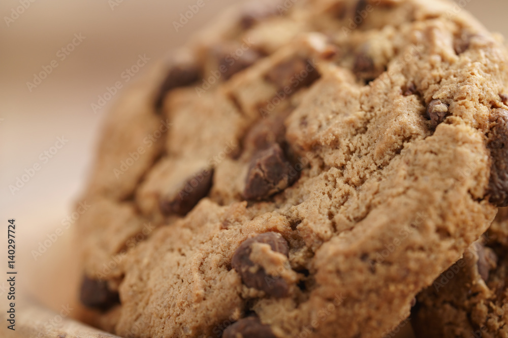 macro shot of classic chocolate chip cookies in bowl, shallow focus macro shot of classic chocolate chip cookies in bowl, shallow focus