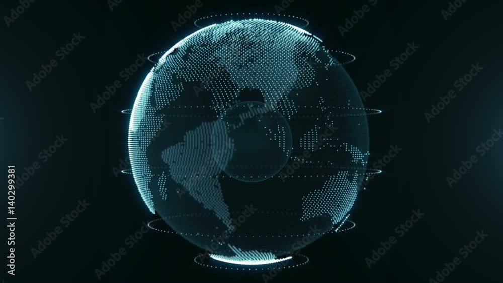 Abstract futuristic rotating world globe in particles or small dots. Modern technology background for broadcast. Virtual digital planet Earth on black background. Loop animation.