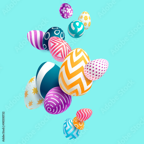 Composition of 3D Easter eggs. Holiday background.