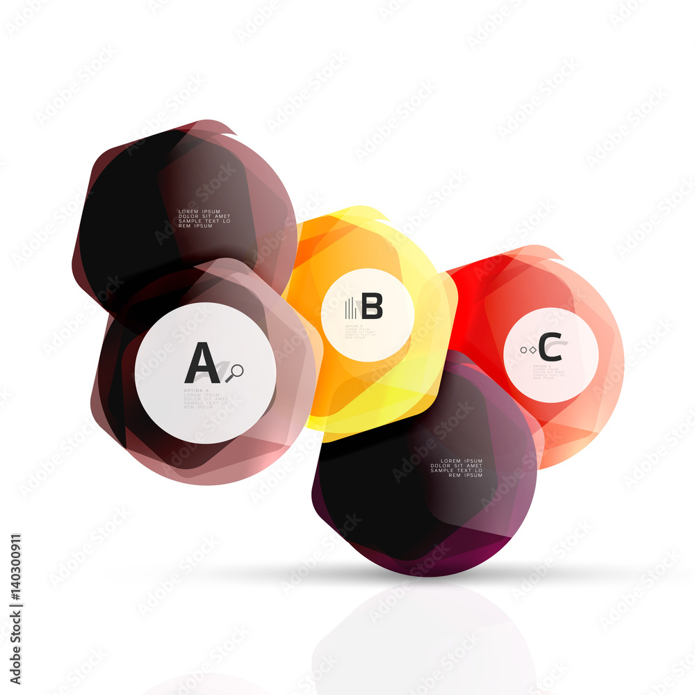 Glass color hexagons. Glossy plastic hexagon design with text Glass color hexagons. Glossy plastic hexagon design with text