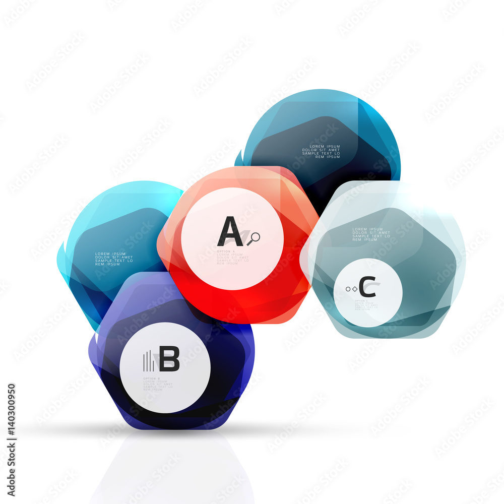 Glass color hexagons. Glossy plastic hexagon design with text Glass color hexagons. Glossy plastic hexagon design with text