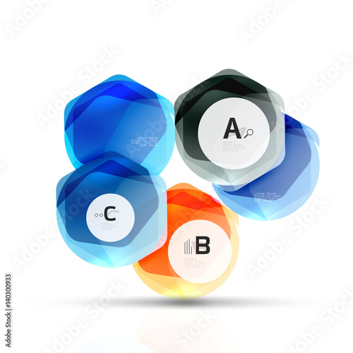 Glass color hexagons. Glossy plastic hexagon design with text