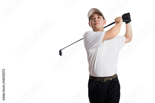 Smiling Asian Chinese Man Swinging Golf Club