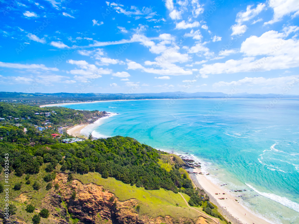 An aerial view of the Byron Bay coastline on Australia's east coast. Byron Bay is a popular tourist destination for travelers from all over the world. 