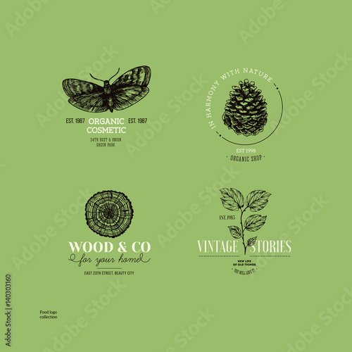 Vintage nature logo collection. Engraved logo set. Vector illustration