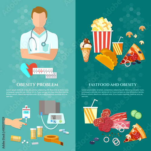 Obesity problems banner unhealthy eating nutritionist and diet