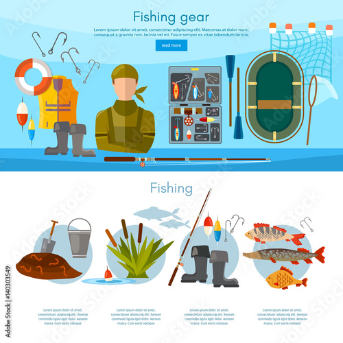 Summer fishing, professional fisher infographics and elements vector template