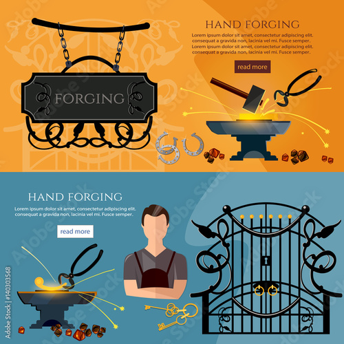 Professional smith banner. Iron works concept. Forging on gland, creation of iron fencings and fences