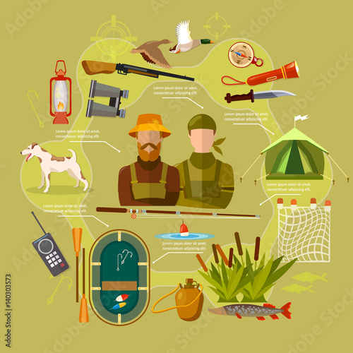 Hunting and fishing set, professional hunter and fisherman. Tourism, camping, summer holiday