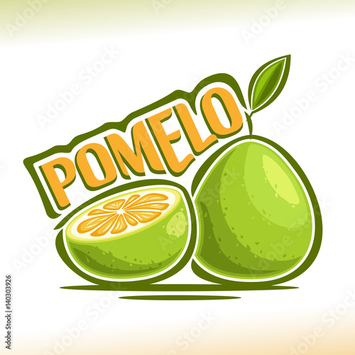 Vector logo Pomelo Fruit: still life consisting of cut slice Green pummelo and whole exotic fruit with green leaf, abstract icon chinese pomelo with title text for label closeup on white background.