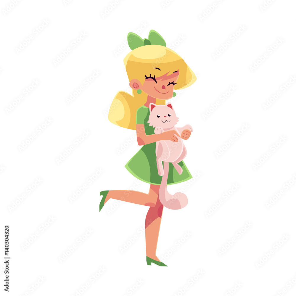 Teen, teenage girl in green dress holding and cuddling fluffy cat, kitten, pet, cartoon vector illustration isolated on white background. Full length portrait of girl with fluffy little cat, kitten Teen, teenage girl in green dress holding and cuddling fluffy cat, kitten, pet, cartoon vector illustration isolated on white background. Full length portrait of girl with fluffy little cat, kitten