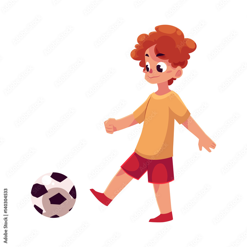 Teenage Caucasian boy kicking football ball, cartoon vector illustration  isolated on white background. Boy playing football, kicking ball, having  fun at the playground Stock Vector | Adobe Stock