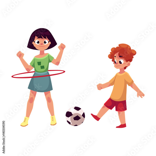 Boy and girl playing football and spinning hula hoop at playground, cartoon vector illustration isolated on white background. Two friends playing at playground, summer outdoor activity concept