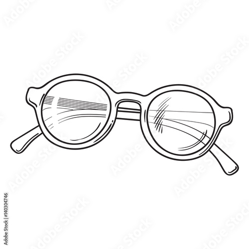 Fashionable round sunglasses in plastic frame, summer vacation attribute, sketch vector black and white illustration isolated on white background. Hand drawn round glamorous sunglasses,