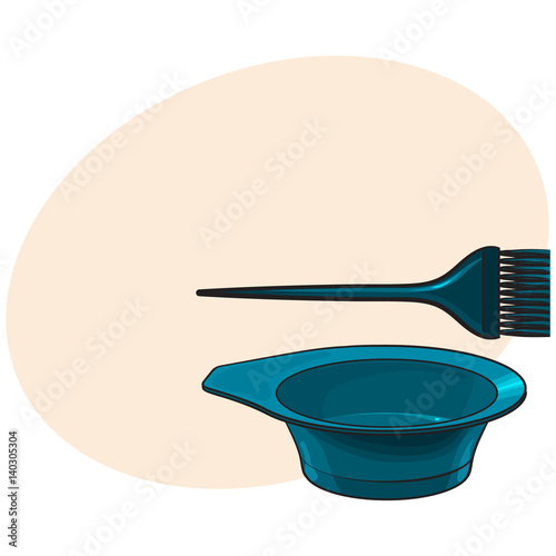 Color mixing plastic hairdresser brush, hairbrush and bowl, sketch style vector illustration with place for text. Hairbrush and bowl for hair bleaching and coloring