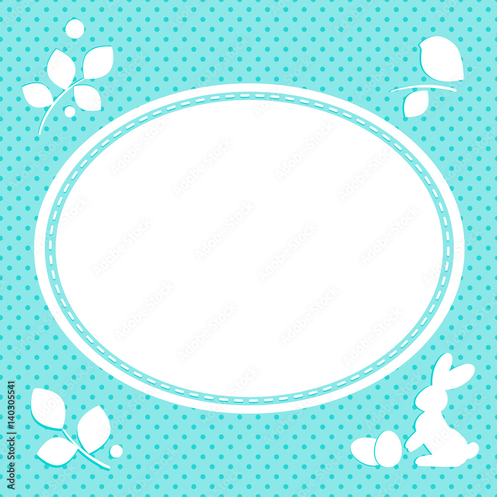 Easter card with bunny and eggs. Spring leaves. Polka dots on a background. Aquamarine shades. Easter card with bunny and eggs. Spring leaves. Polka dots on a background. Aquamarine shades.