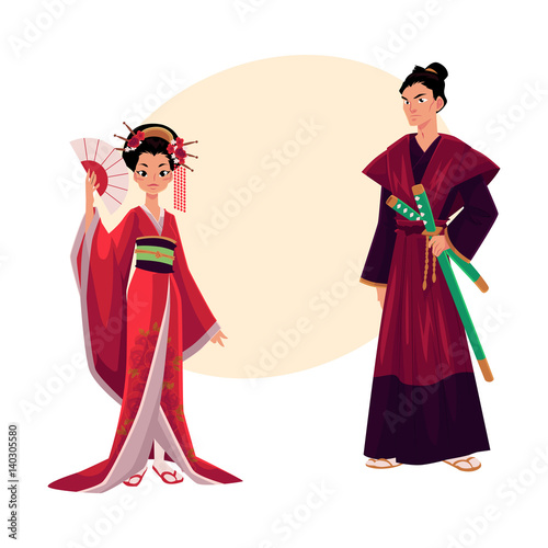 Japanese geisha and samurai in traditional kimono, symbols of Japan, cartoon vector illustration with place for text. Full length portrait of typical Japanese geisha and samurai