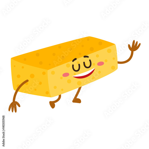 Funny dish washing sponge character with smiling human face, cartoon vector illustration isolated on white background. Smiling dish washing sponge character, house cleaning concept