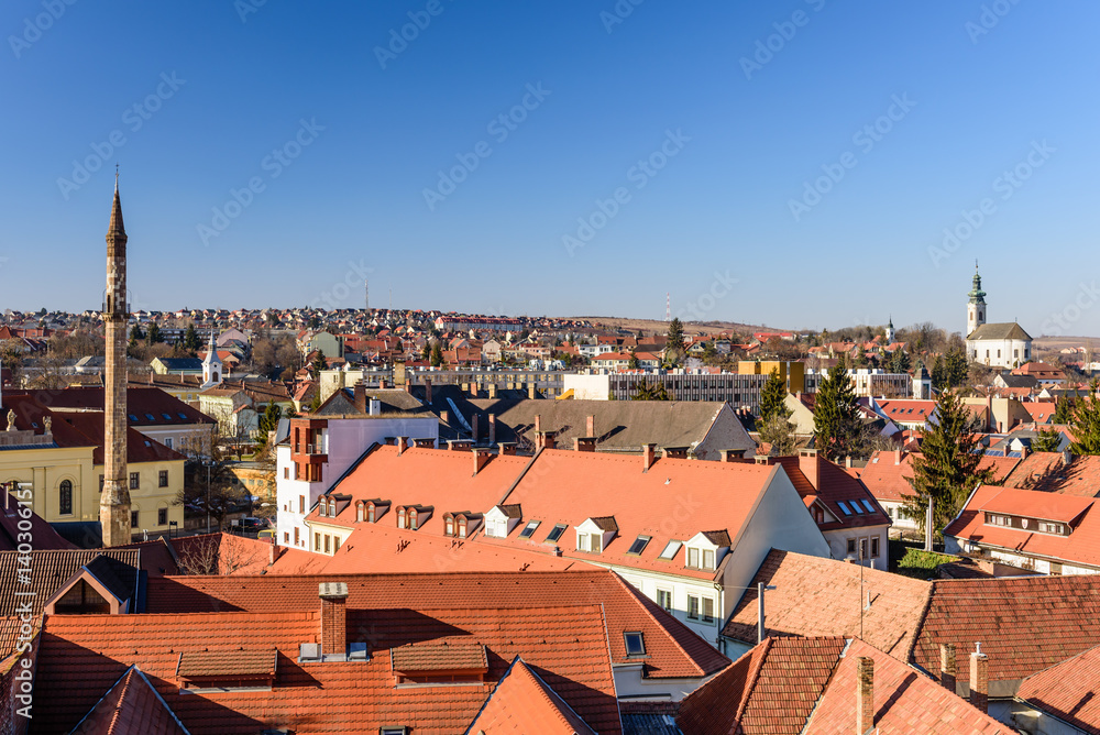 Aerial view of Eger with red tile roofs on a sunny day, Eger, Hungary