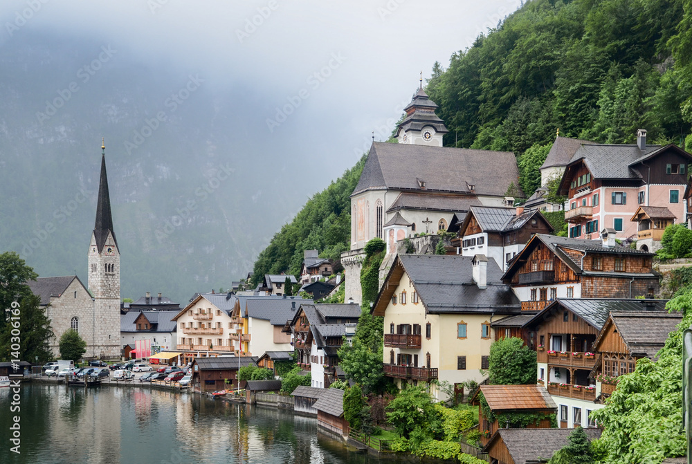 Amazing view of famous Hallstatt village in the Austrian Alps at Salzkammergut region, Austria