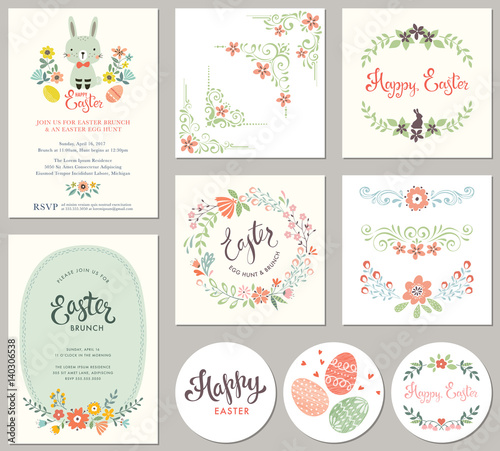 Easter templates with eggs, flowers, floral wreath and branches, ornate corners and dividers, rabbit and typographic design.