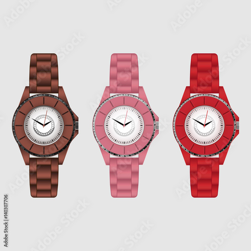 Set of three silicone colorful vector wristwatches.
