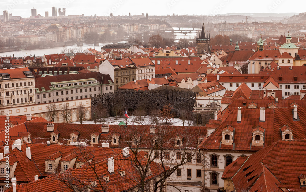 panoramic view at Prague red roofs