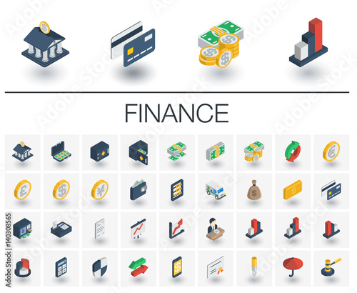 Isometric flat icon set. 3d vector colorful illustration with banking and finance symbols. Credit card, wallet, coin, safe, money bag, cash, dollar, euro, pound colorful pictogram Isolated on white