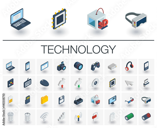 Isometric flat icon set. 3d vector colorful illustration with technology, digital symbols. Cloud computing, print, VR glasses, 4k resolution and wireless colorful pictogram Isolated on white