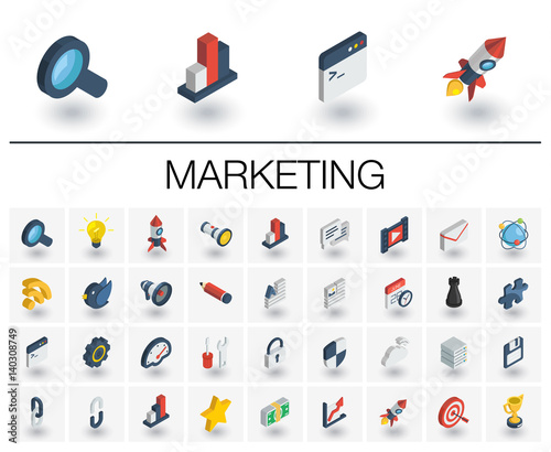 Isometric flat icon set. 3d vector colorful illustration with SEO symbols. Digital network, analytics, social media and market colorful pictogram Isolated on white