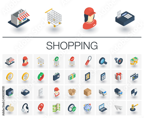 Isometric flat icon set. 3d vector colorful illustration with shoppig symbols. Add to cart or basket, mall, supermarket building, deliveryman, cashier, bank card colorful pictogram Isolated on white