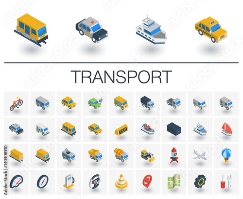 Isometric flat icon set. 3d vector colorful illustration with transport, transportation symbols. Police car, train, yacht, taxi, bicycle and truck colorful pictogram Isolated on white