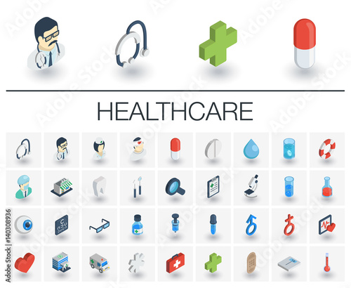 Isometric flat icon set. 3d vector colorful illustration with medical, medicine, healthcare symbols. Dentist, health, ambulance, care, doctor, pills, cross colorful pictogram Isolated on white