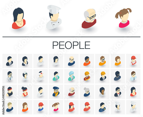 Isometric flat icon set. 3d vector colorful illustration with people avatars symbols. Social media user profile, profession, manager, doctor, cook, old man, artist colorful pictogram Isolated on white