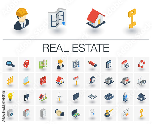 Isometric flat icon set. 3d vector colorful illustration with real estste symbols. Agent, house, rent, key, apartment, sale, search, commercial and equipment colorful pictogram Isolated on white
