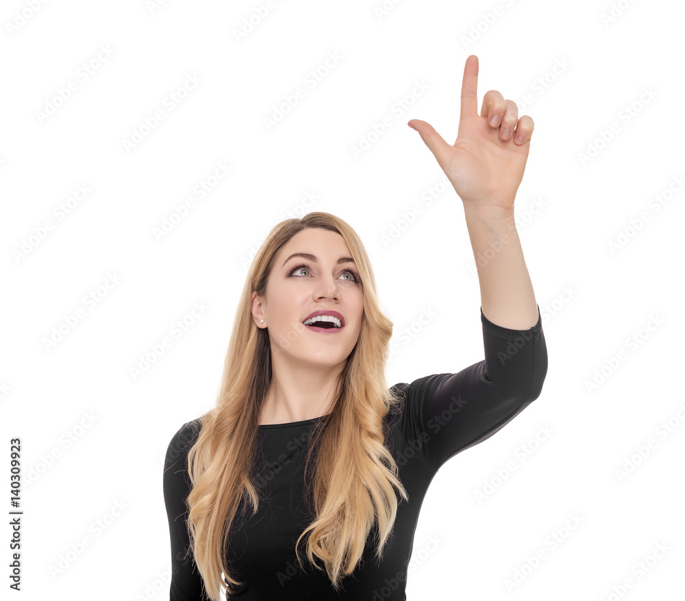 Attractive young woman pointing with finger. Attractive young woman pointing with finger.