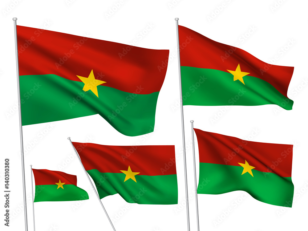 Obraz premium Burkina Faso vector flags set. 5 wavy 3D cloth pennants fluttering on the wind. EPS 8 created using gradient meshes isolated on white background. Five flagstaff design elements from world collection