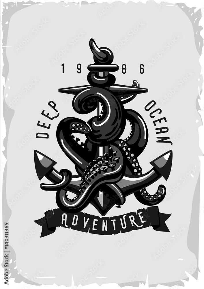 Vintage poster with anchor and octopus. Tattoo style