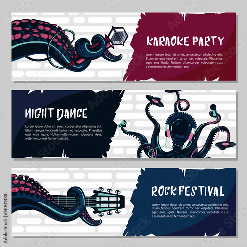 Horizontal music banners set with octopus.