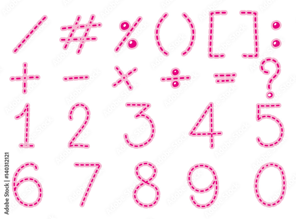 Font design for numbers and signs in pink line Font design for numbers and signs in pink line