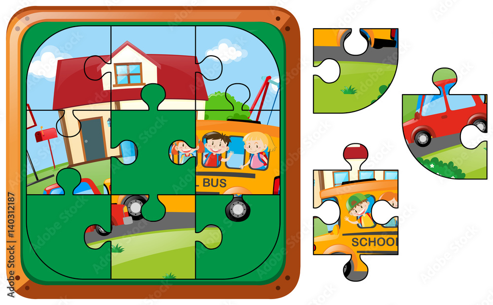 Fototapeta premium Jigsaw puzzle game with kids on schoolbus