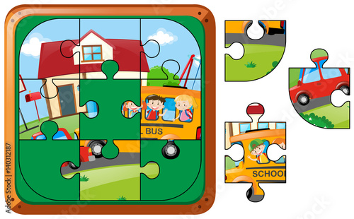 Jigsaw puzzle game with kids on schoolbus